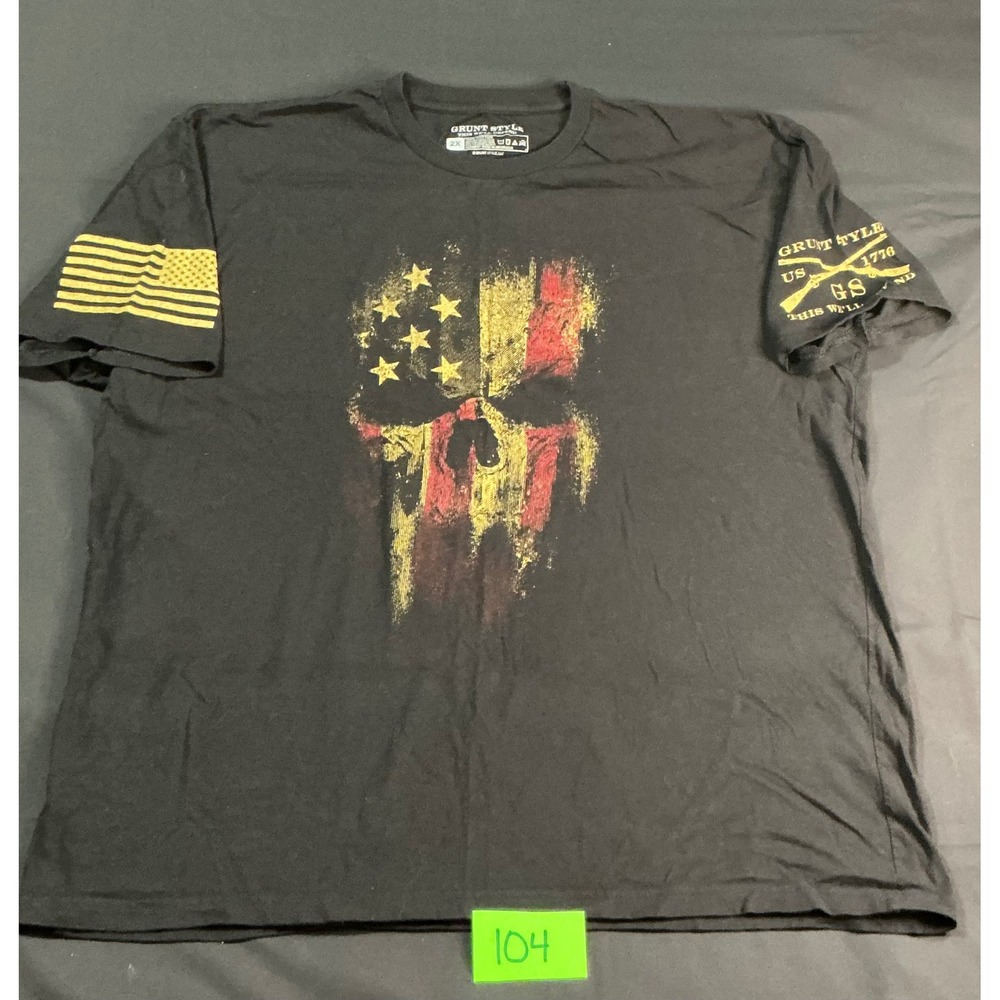 Grunt Style Mens 2X Black Distressed Skull Graphic T-Shirt American Flag 1776